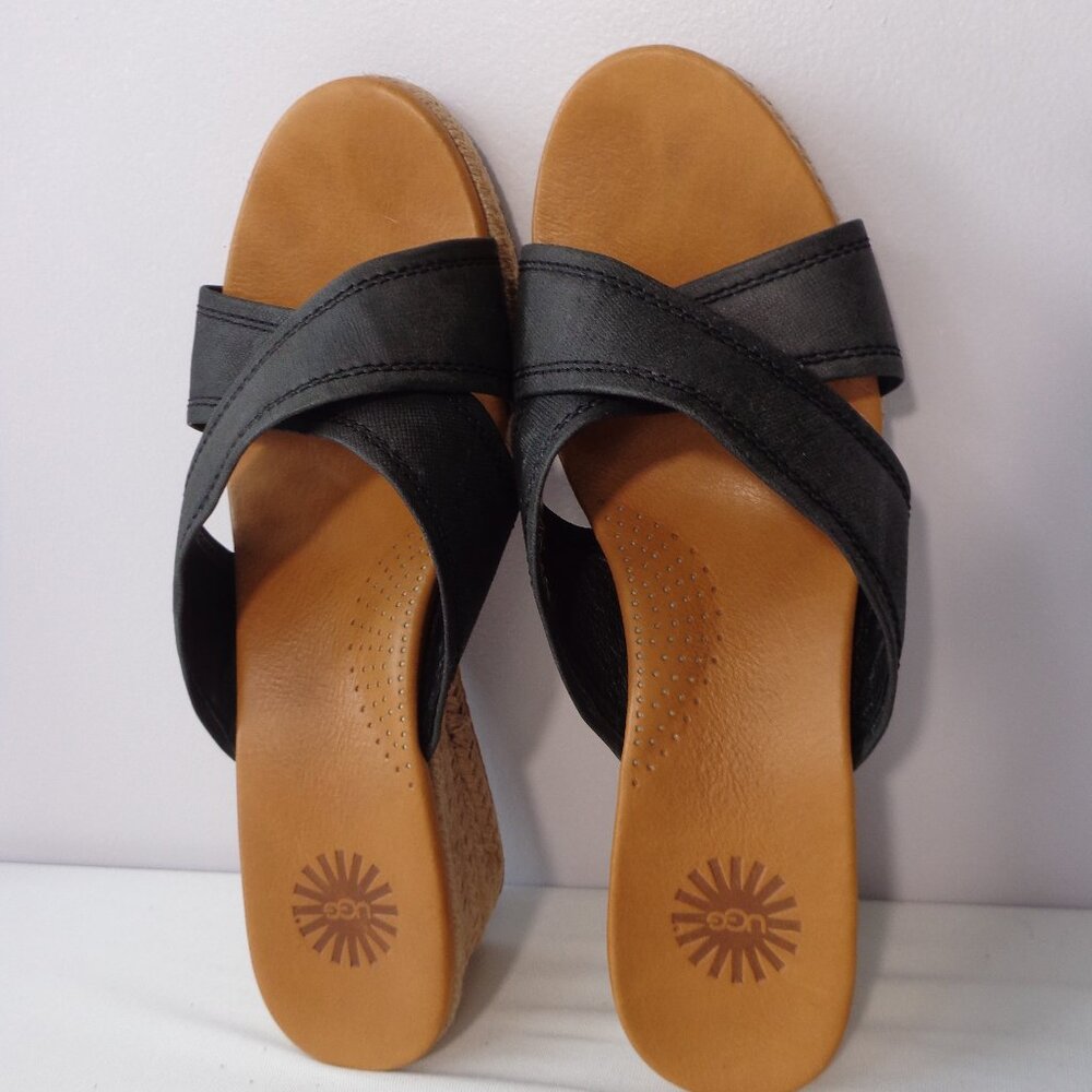UGG Black Strappy Wedge Sandals with Tan Footbed
